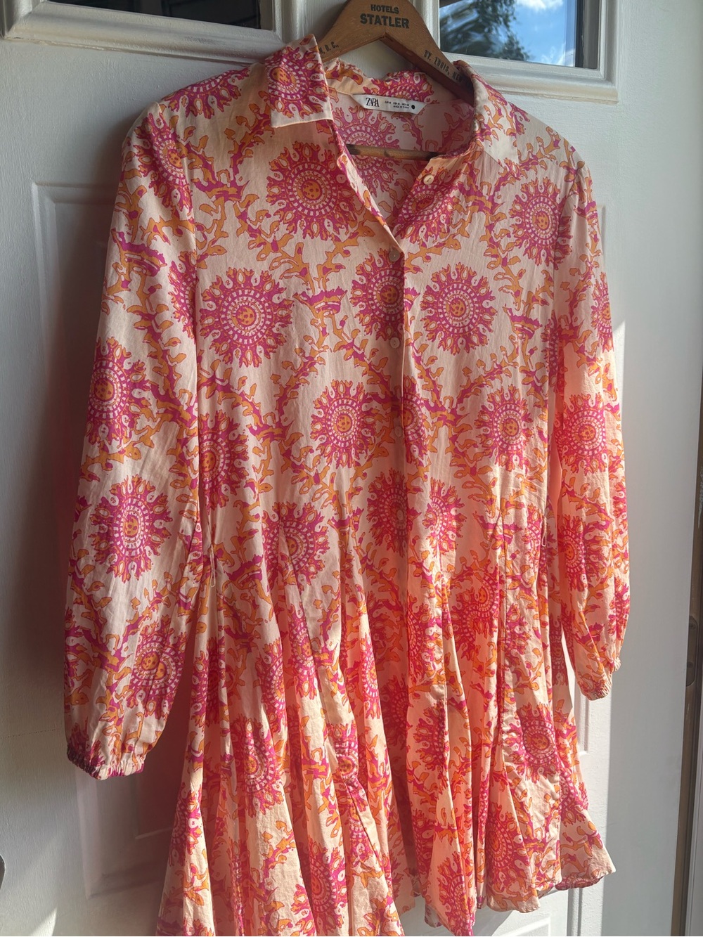 Zara Pink Orange Cream Printed Collared Button Front Mini Dress No Belt Size M